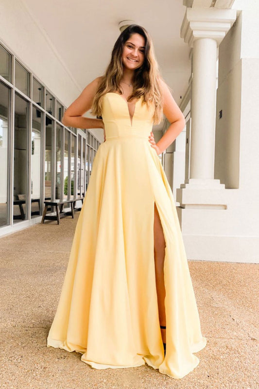 Simple yellow satin long prom dress yellow formal dress