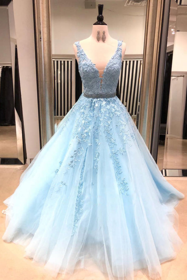 Blue v neck tulle lace long prom dress, blue lace evening dress