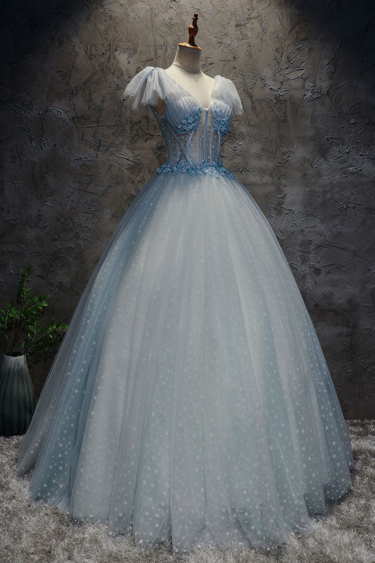 Blue tulle long prom dress, blue tulle evening dress