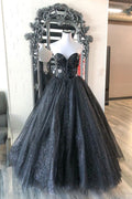 Black sweetheart tulle sequin long prom dress black tulle formal dress