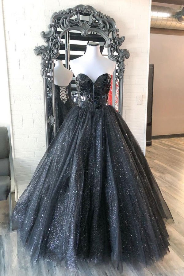 Black sweetheart tulle sequin long prom dress black tulle formal dress
