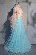 Blue tulle lace long prom dress, blue tulle evening dress