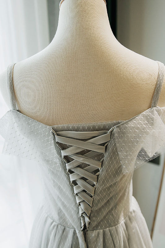 Gray tulle lace prom dress, tulle lace homecoming dress