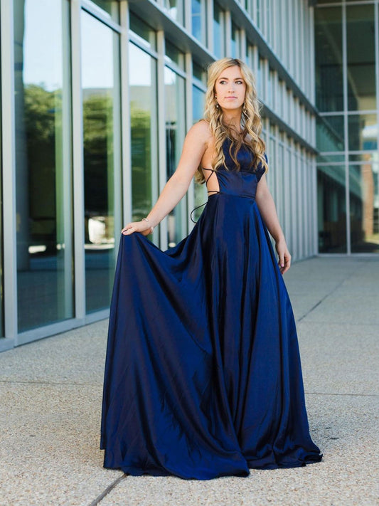 Simple blue satin long prom dress, blue backless evening dress