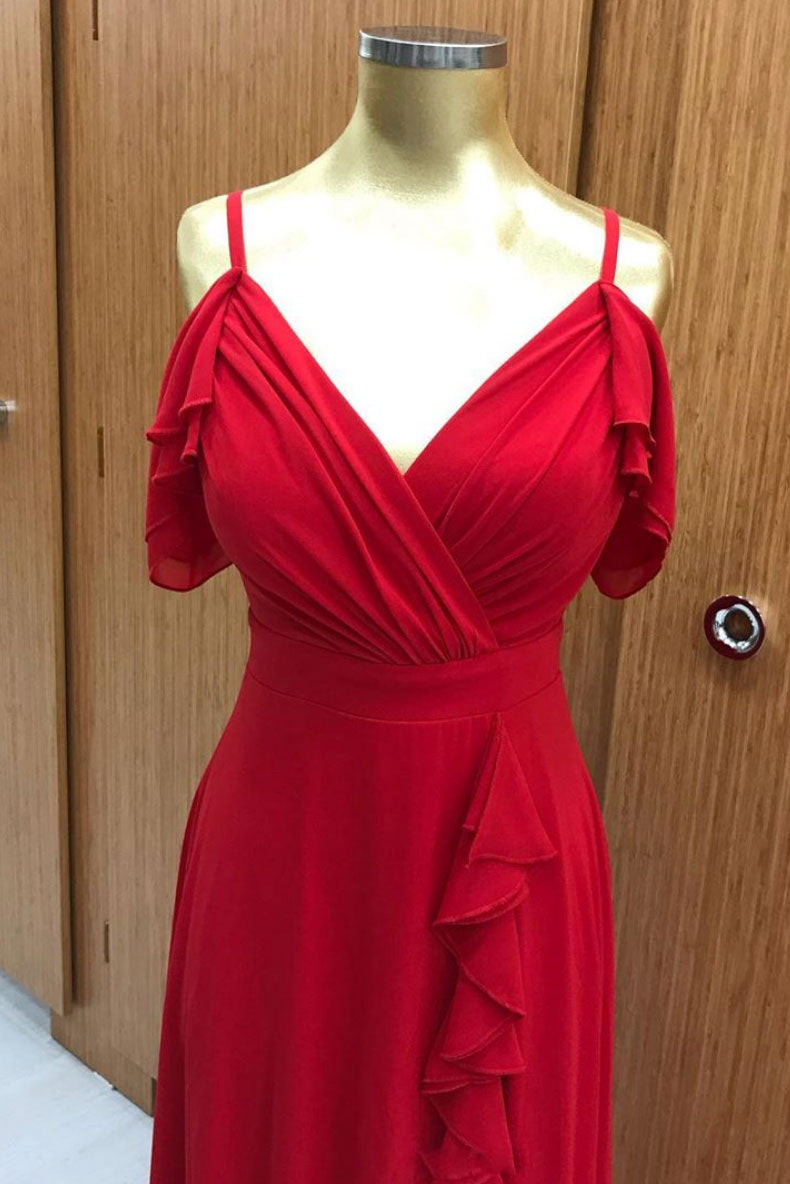 Red chiffon long prom dress, red chiffon evening dress