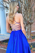 Simple v neck blue satin long prom dress blue formal dress