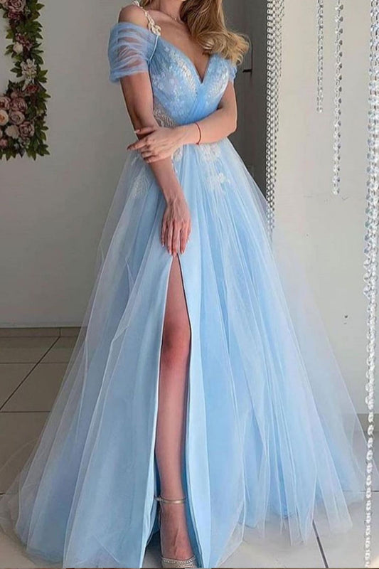 Blue v neck tulle long prom dress blue tulle formal dress