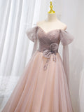 Pink tulle off shoulder long prom dress, pink tulle formal dress