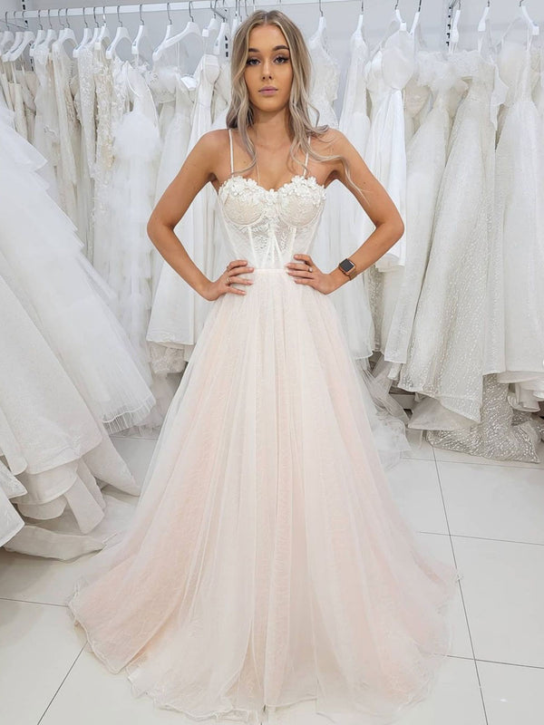 Light champagne tulle lace long prom dress, lace evening dress