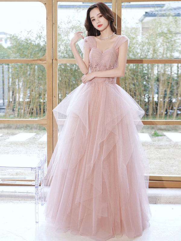 Pink tulle off shoulder long prom dress, pink tulle formal dress