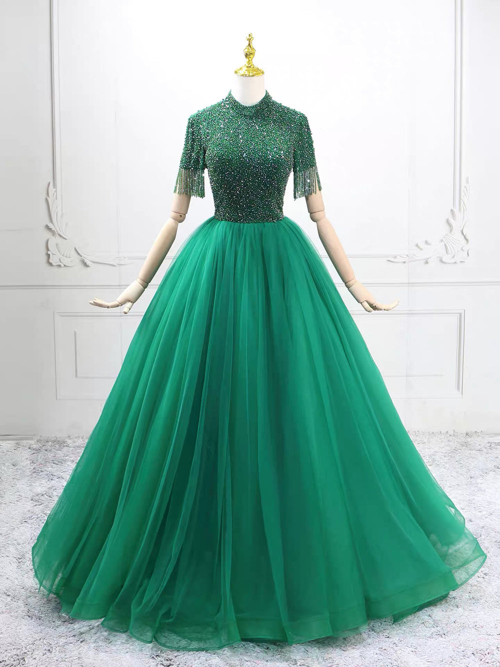 A-Line Tulle Beads Green Long Prom Dress, Green Long Evening Dress