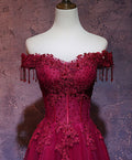 Burgundy off shoulder lace long prom dress burgundy evening dress
