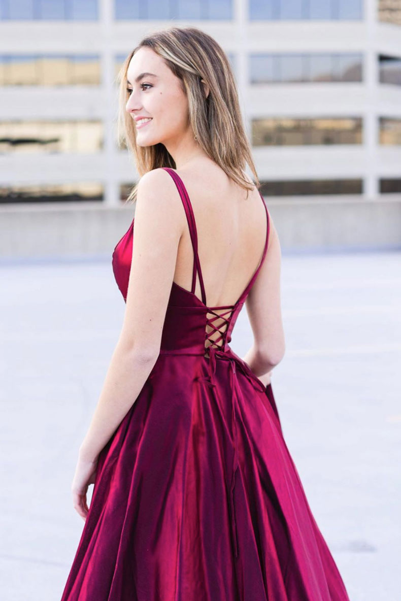 Simple burgundy satin long prom dress burgundy formal dress
