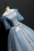 Unique gray blue tulle lace applique long prom dress, gray blue evening dress