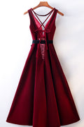 Burgundy v neck short prom dress, burgundy bridesmaid dress