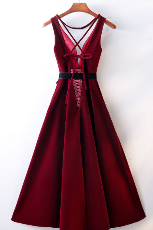 Burgundy v neck short prom dress, burgundy bridesmaid dress