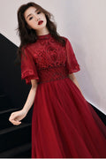 Unique burgundy tulle lace long prom dress burgundy evening dress