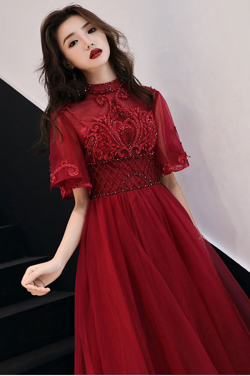 Unique burgundy tulle lace long prom dress burgundy evening dress