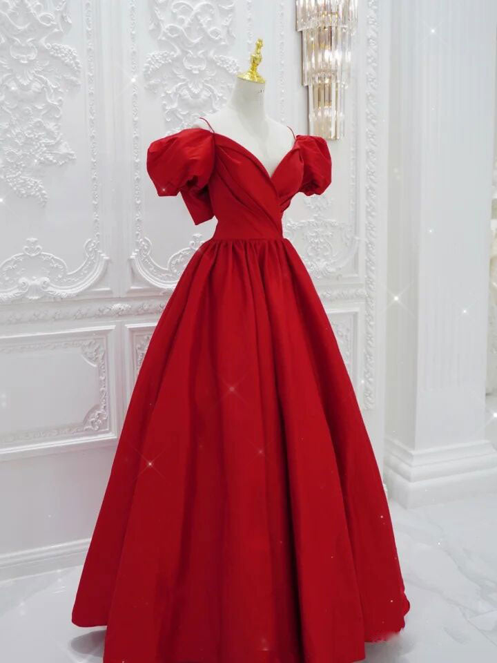 Red v neck satin long prom dress, red evening dress