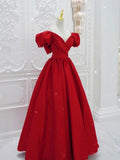 Red v neck satin long prom dress, red evening dress