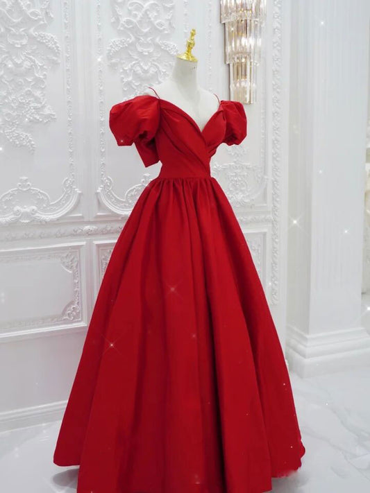 Red v neck satin long prom dress, red evening dress