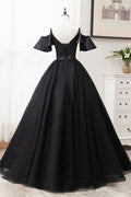 Black tulle lace long prom dress black lace evening dress