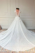White v neck tulle lace long prom dress white tulle wedding dress