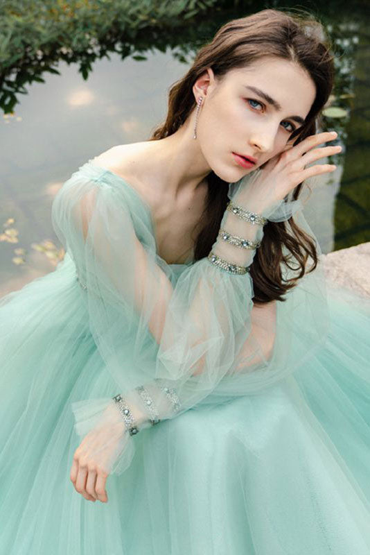 Green v neck tulle long prom dress green evening dress
