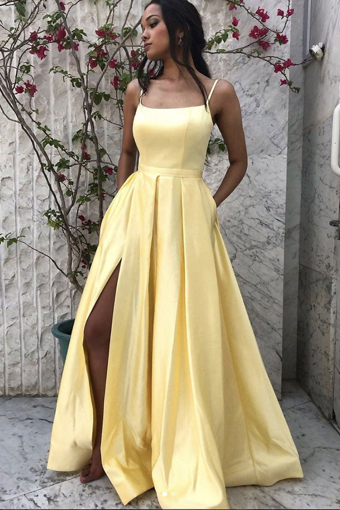 Simple yellow satin long prom dress yellow formal dress
