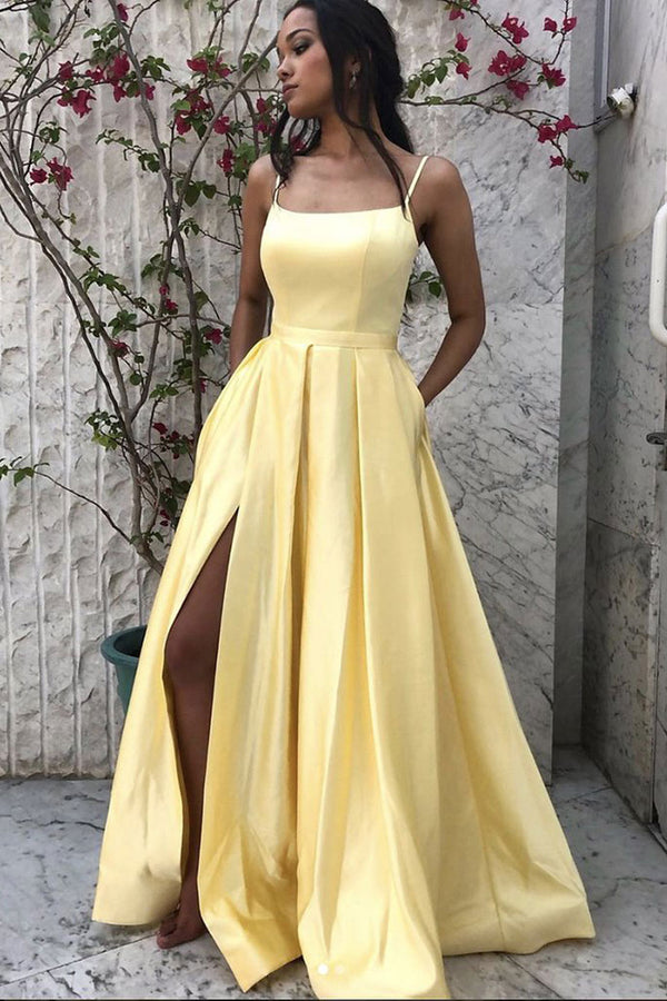 Simple yellow satin long prom dress yellow formal dress