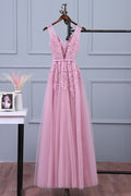 Pink v neck lace applique tulle long prom dress, pink bridesmaid dress