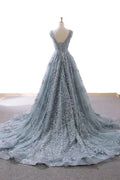 Gray blue tulle lace long prom dress, blue evening dress