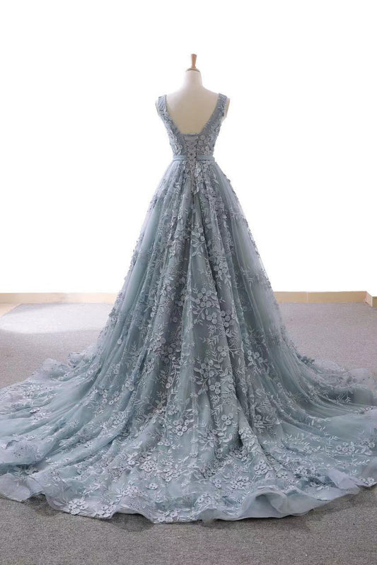 Gray blue tulle lace long prom dress, blue evening dress
