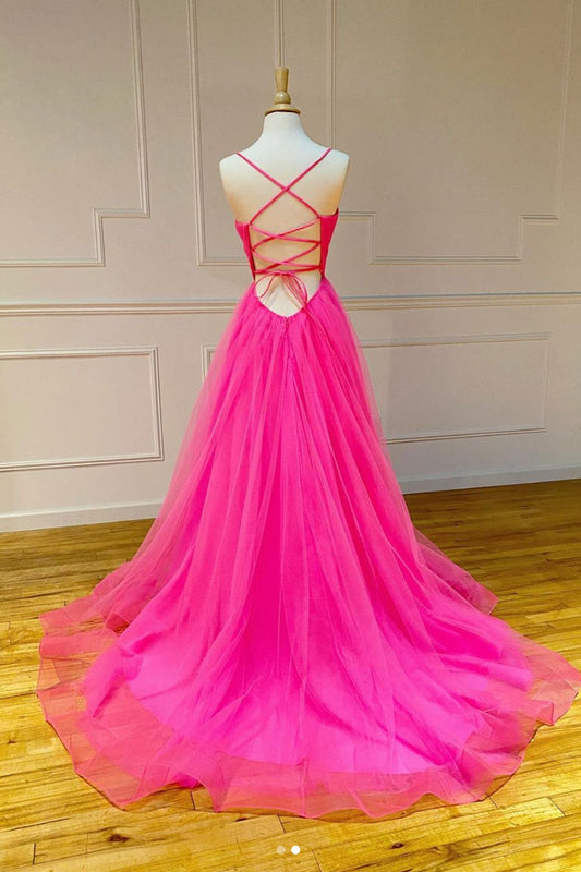 Pink sweetheart tulle long prom dress pink long evening dress