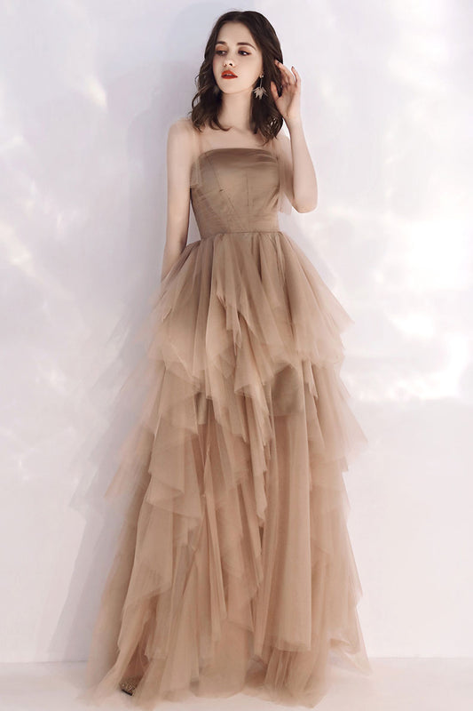 Champagne tulle long prom dress tulle formal dress