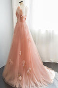 Pink tulle long prom dress, pink tulle evening dress