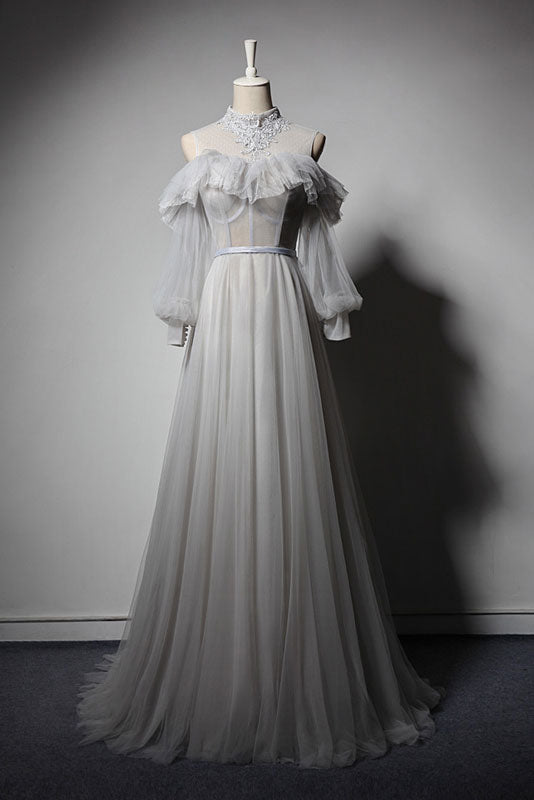 Gray tulle lace long prom dress, gray tulle evening dress