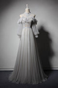 Gray tulle lace long prom dress, gray tulle evening dress