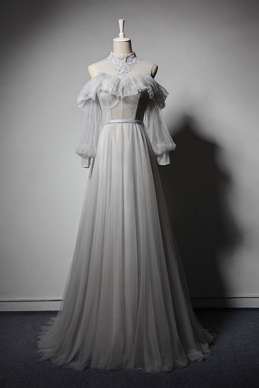 Gray tulle lace long prom dress, gray tulle evening dress