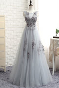 Gray round neck lace tulle long prom dress, gray lace evening dress