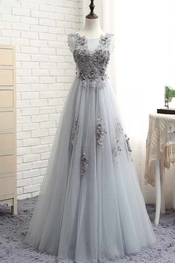 Gray round neck lace tulle long prom dress, gray lace evening dress