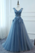 Blue v neck tulle lace long prom dress, blue evening dress