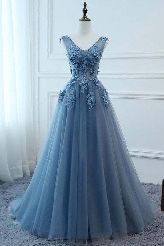 Blue v neck tulle lace long prom dress, blue evening dress