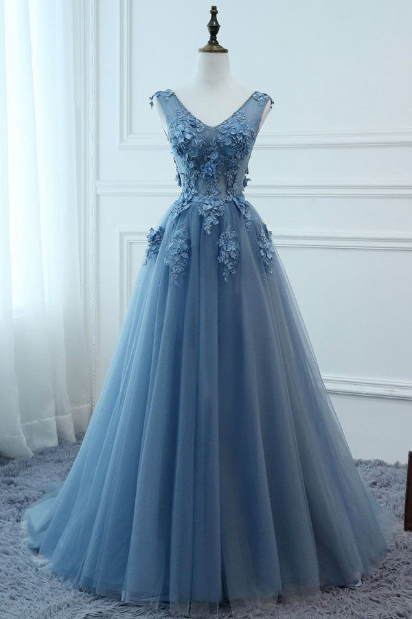 Blue v neck tulle lace long prom dress, blue evening dress
