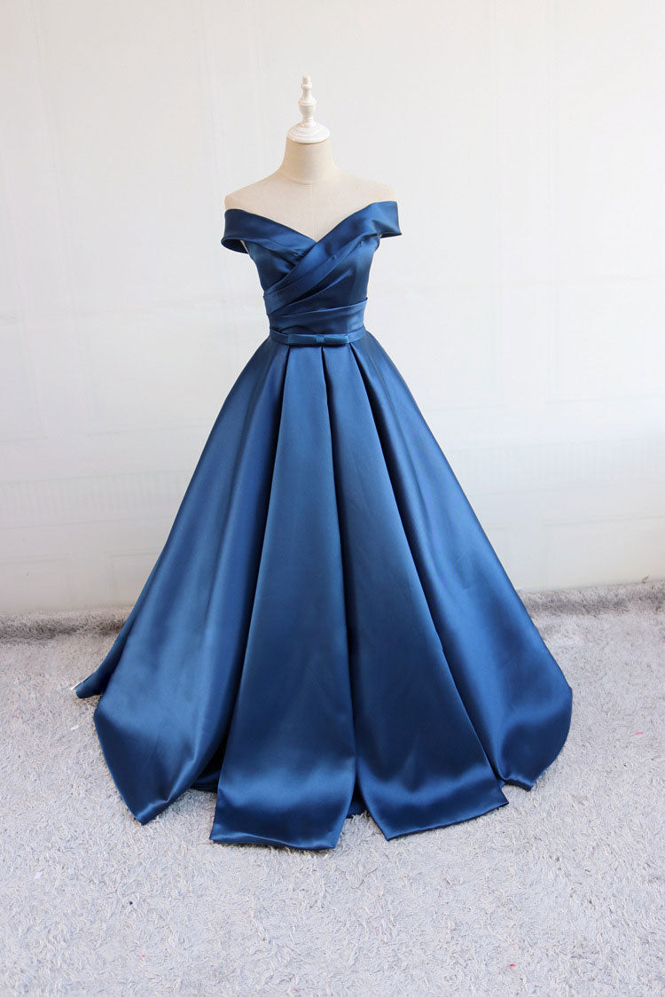 Blue v neck satin long prom dress, blue satin evening dress