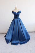 Blue v neck satin long prom dress, blue satin evening dress