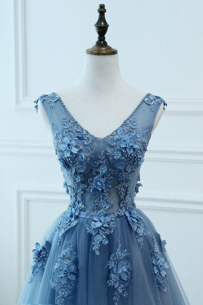 Blue v neck tulle lace long prom dress, blue evening dress