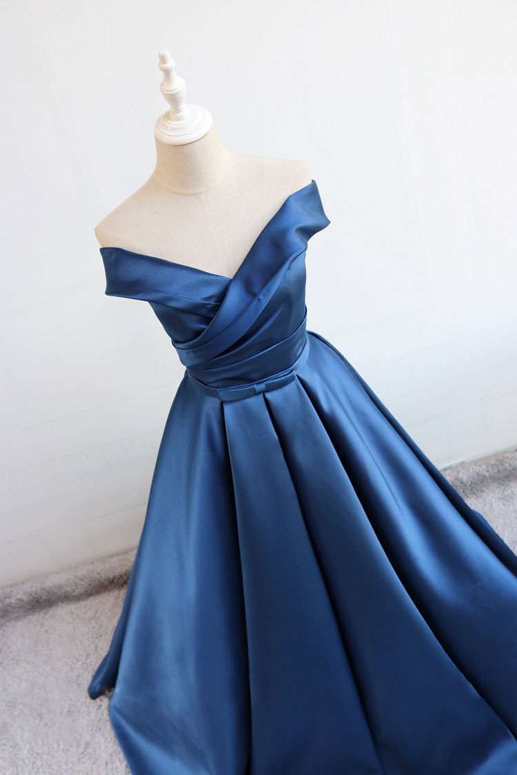 Blue v neck satin long prom dress, blue satin evening dress