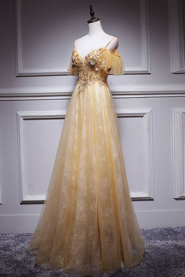 Champagne tulle lace long prom dress, champagne evening dress