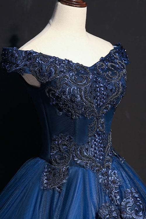 Blue v neck tulle beads long prom dress, blue evening dress